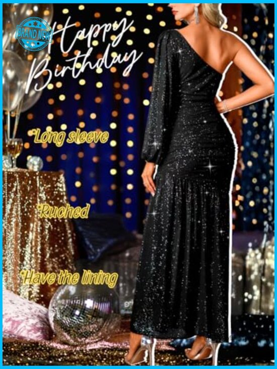 Sparkly Sequin Prom Dress One Shoulder Ruched High Slit Formal Evening Gown - Picture 2 of 7